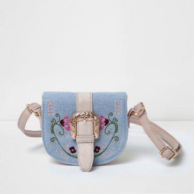 Girls blue embroidered cross body saddle bag